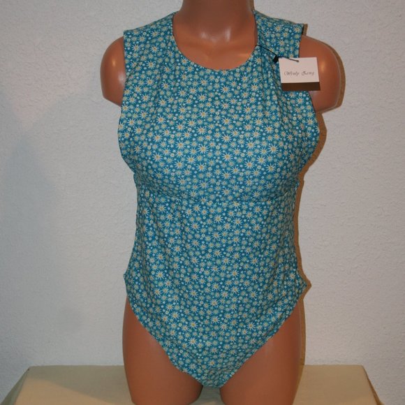 Wenly Zeng Large High Scoop Neck One Pc Swimsuit Back Zipper Blue Flowers Womens - Picture 2 of 13